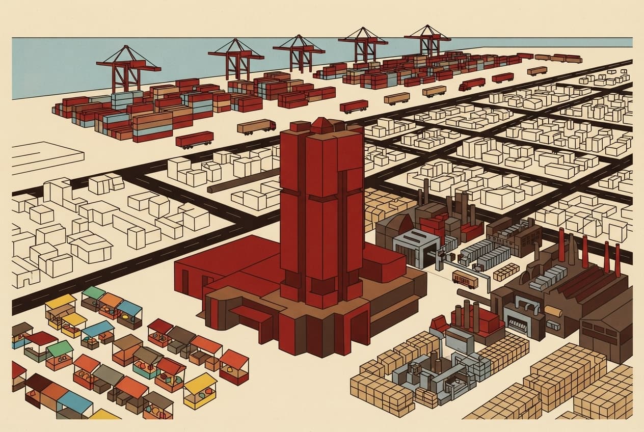 Illustration plate : Conteneur, Grue portuaire, Marché, Produits manufacturés, Route