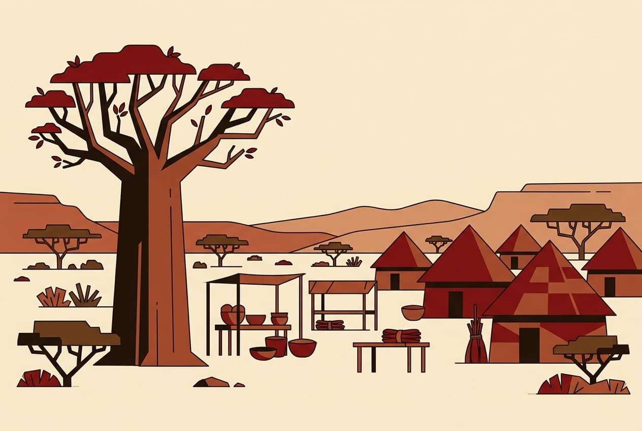 Planche d'illustration : village, hutte, marché, baobab, savane
