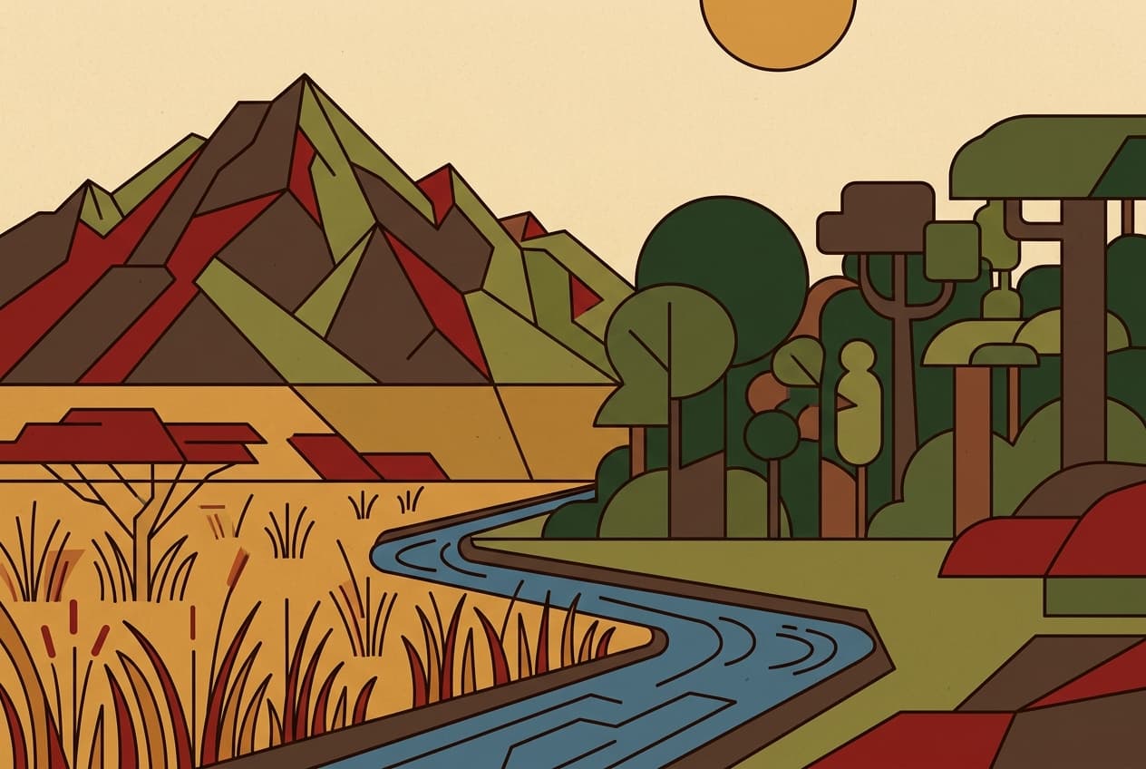 Planche d'illustration : parc national, forêt tropicale, savane, montagne, rivière