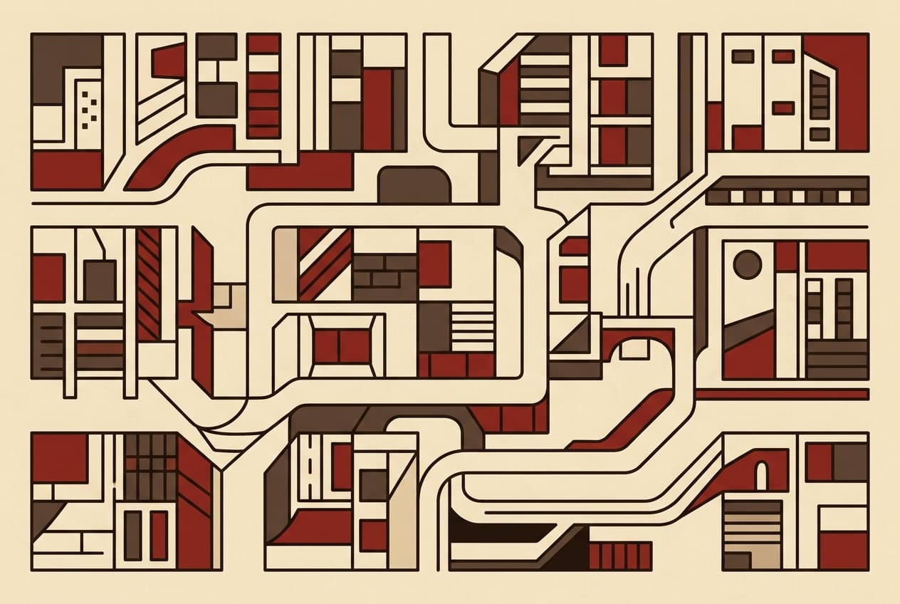Flat illustration of several distinct, geometric blocks or structures, separated by gaps, with new pathways or bridges emerging to connect them into a cohesive whole.