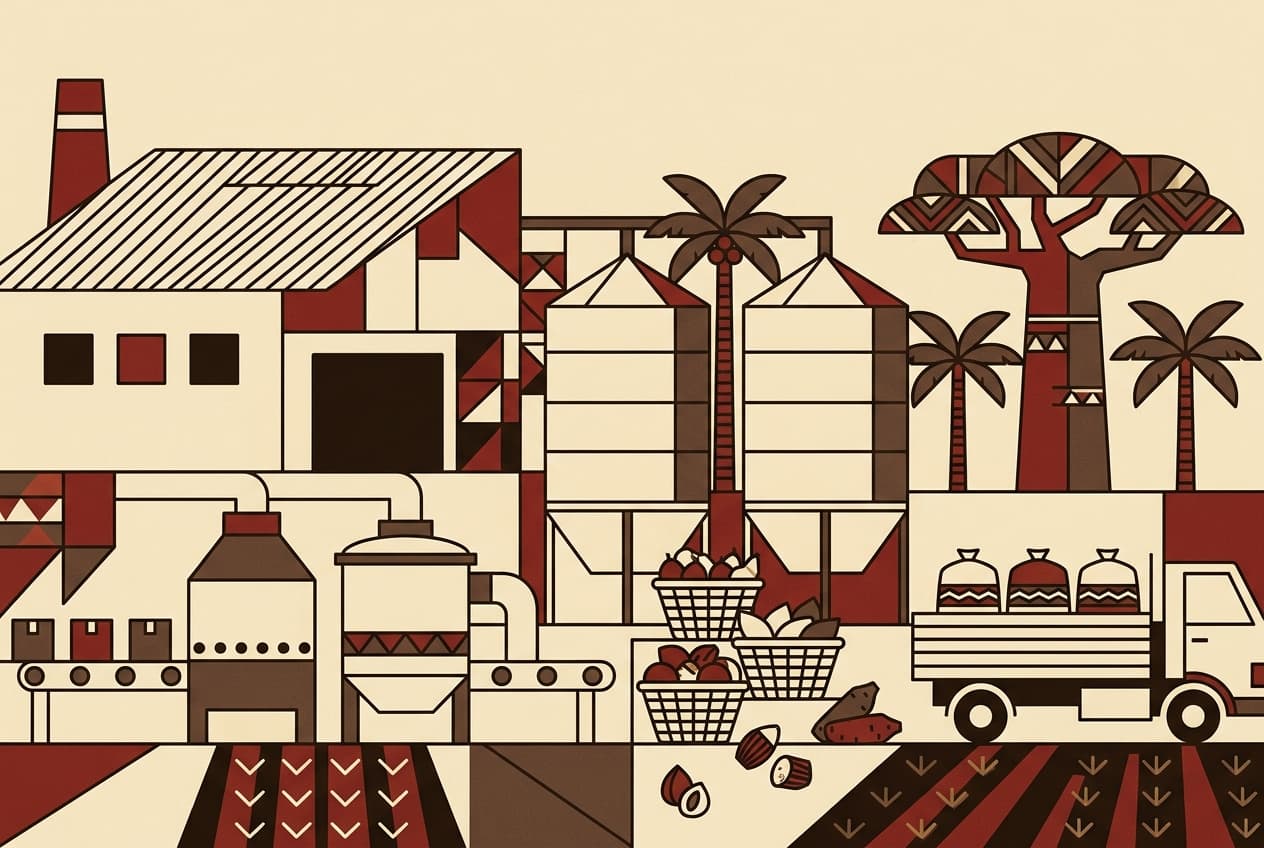 Flat illustration of food stalls and innovative agricultural displays at an outdoor market.