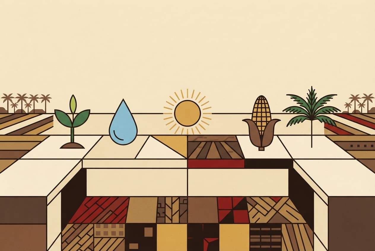 Illustration plate : plante, goutte d'eau, soleil, sol fertile, épi de maïs, palmier