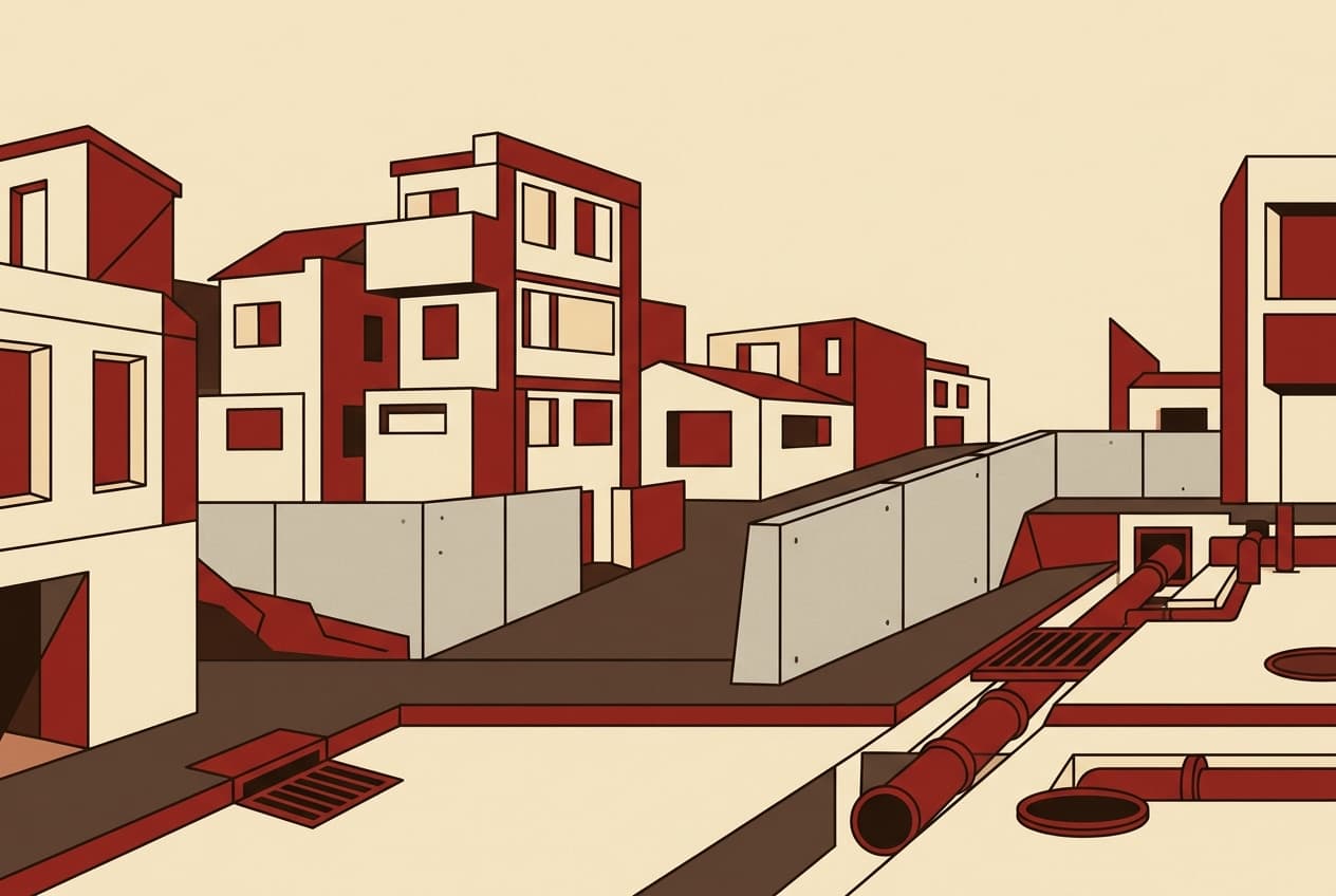 Paysage urbain, systèmes de drainage, bâtiments résidentiels, infrastructures publiques