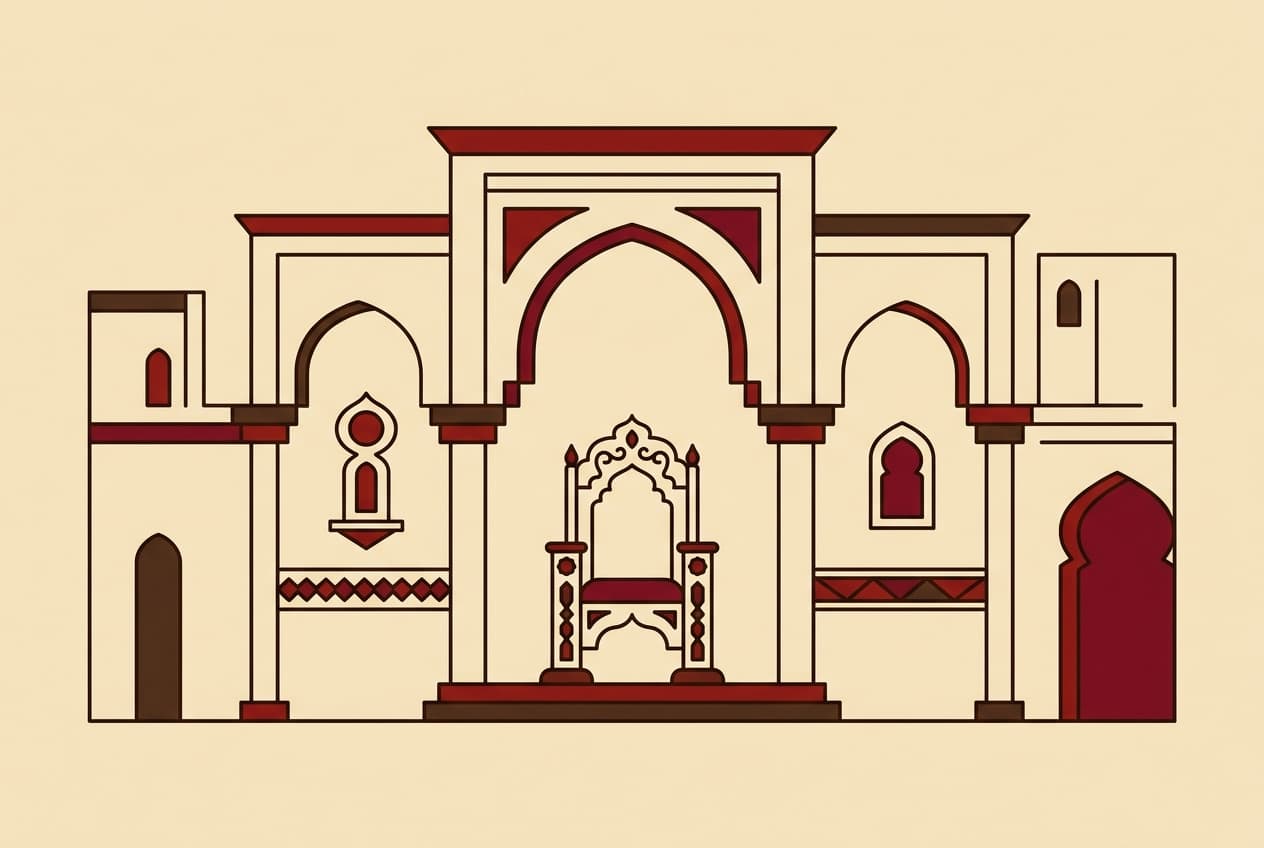 Flat illustration of traditional regalia within a ceremonial building.