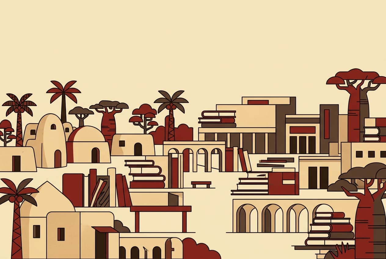 Flat illustration of an open book with stylized West African architecture.