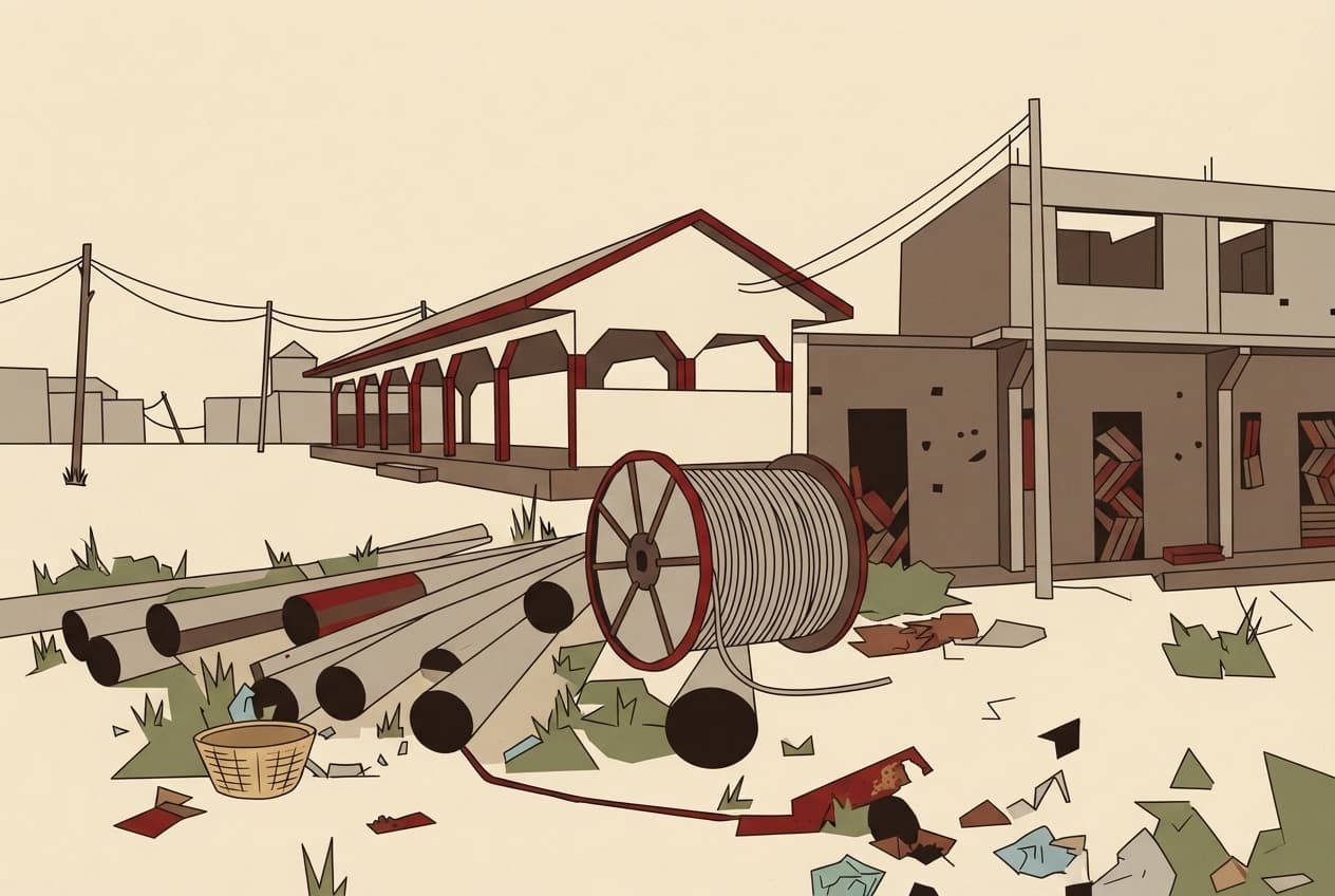 Illustration plate : Poteaux électriques, câbles, étal de marché, déchets, panier